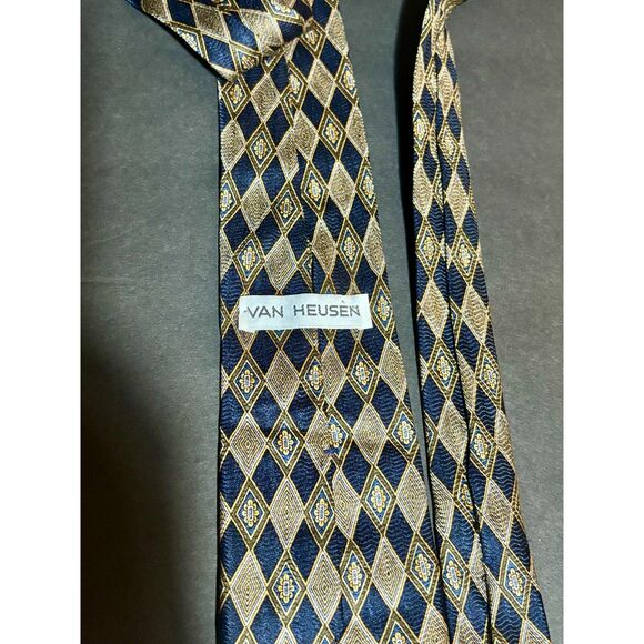 Van Heusen 100% Silk Tie – Navy Blue Gold Diamond Geometric Pattern –Necktie - Picture 4 of 4